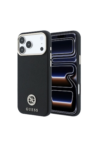 Apple iPhone Uyumlu 18 Pro Max Kılıf Guess Lisanslı M-safe Özellikli Pu Taşlı Metal 4g Ve Yazı Logolu Kapak Siyah