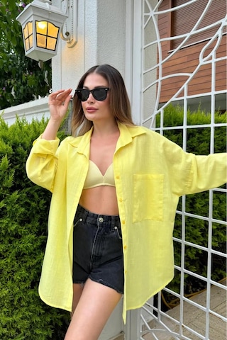 Rouge Basıc Oversize Keten Dokulu %100 Pamuk Salaş Gömlek Sarı