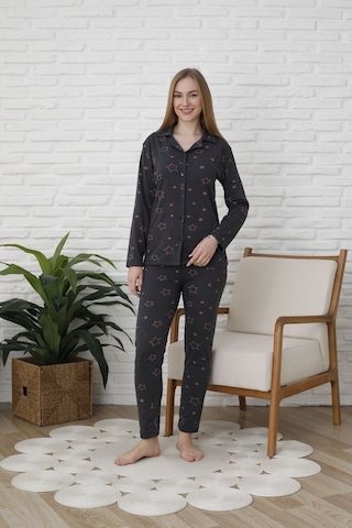 Fames Pijama Uzunkol Düğmeli Penye Pijama Takimi Kalpli Pudra