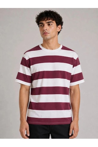 Freedom Store Erkek Çizgili Oversize Tişört Bisiklet Yaka Kısa Kol Yazlık T-shirt - Bordo