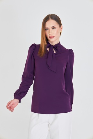 Büzgü Kol Fularlı Gömlek Mor Mor
