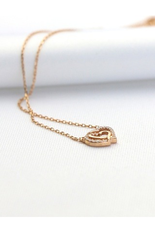 Çift Kalpler Rose Gold Minimal Gümüş Kolye-Rose Gold