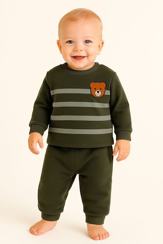 Oz Baby Çizgili Ayıcık Baskılı Kışlık Unisex Polar Bebek Takım Kız Ve Erkek Bebek Polar 1-4 Yaş Koyu Yeşil