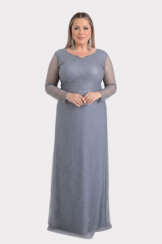 Lilas Xxl Kadın Büyük Beden Kalp Yaka Uzun Kollu Abiye Elbise 9471 Gri Gri
