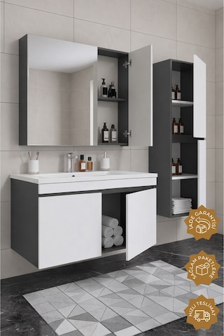 Teta Home Tokyo 100 Cm Mdf Banyo Dolabı Seti + Boy Dolabı Antrasit - Beyaz