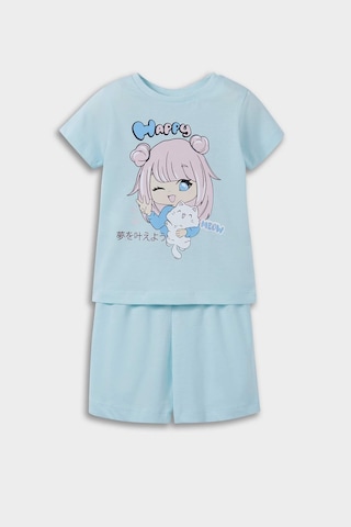 DeFacto Kız Bebek Pijama Takımı Anime Baskılı Kısa Kollu Penye Üst Beli Lastikli Şort E1554A525HSBE495