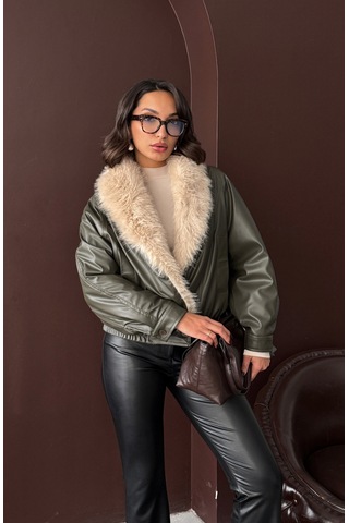 Verymoda Yakası Kürklü Kruvaze Deri Mont F2050 Haki