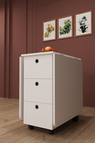 Asra Trend KM-100 %100 MDF 168x70 cm Katlanır Akıllı Mutfak Masası 3 Çekmeceli Tekerlekli Servis Masası Beyaz