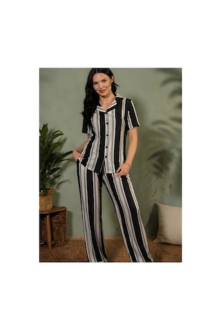 Kadın Kısa Kollu Desenli Pijama Takım Siyah