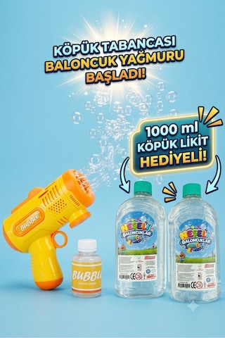 Pilli Otomatik Baloncuk Köpük Tabancası Bubble Gun 1000 Ml Köpük Likiti Hediyeli