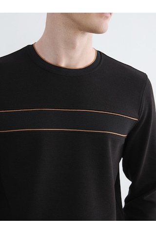 Lcwaıkıkı Classic Siyah Bisiklet Yaka Şerit Detaylı Erkek Sweatshirt