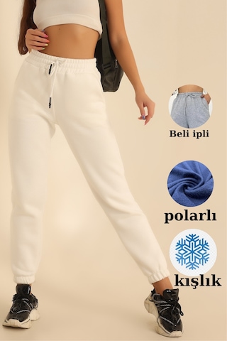 Kadın Yüksek Bel İçi Polarlı Üç İplik Beyaz Eşofman Altı Ekru