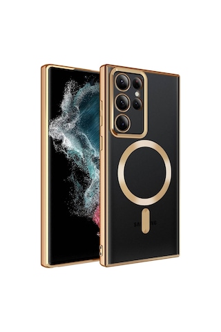 Samsung Uyumlu Galaxy S22 Ultra Kılıf M-safe Wireless Şarj Özellikli Zore Setro Silikon Gold