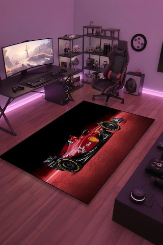 Formula 1 Kırmızı Yarış Arabası Halı Kaymaz Taban Yıkanabilir Salon Halısı F1.10