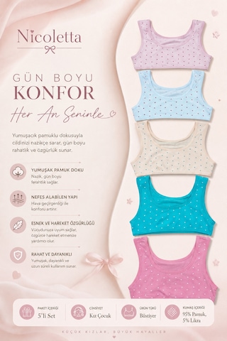 Nicoletta Kız Çocuk Büstiyer Geniş Askılı Baskılı Pamuklu Çok Renkli