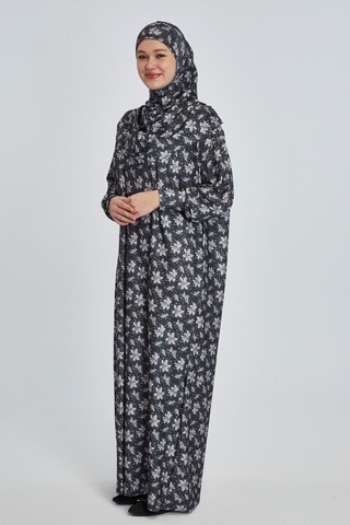 Pratik Tek Parça Manolya Desenli Namaz Elbisesi Koyu Siyah