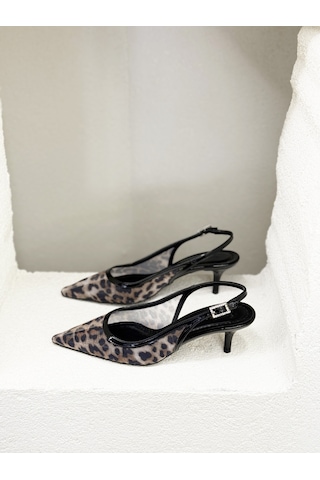 25y3908 Arkası Açık Yanı Kare Taşlı Tokalı Tül Leopar 6cm İnce Topuklu Stiletto Ayakkabı Kadın