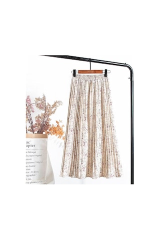 Bej Qooth Yaz Kadın Çiçek Baskılı Pilili Şifon Etek Yüksek Bel Pilili Orta Uzunlukta Elastik Bel Etek Qt807 Bej