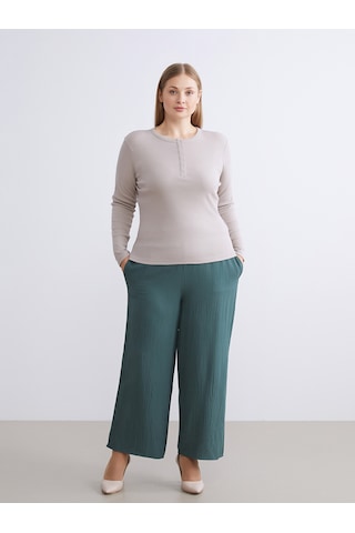 Lcwaıkıkı Classic Haki Beli Lastikli Dokulu Geniş Paça Kadın Pantolon