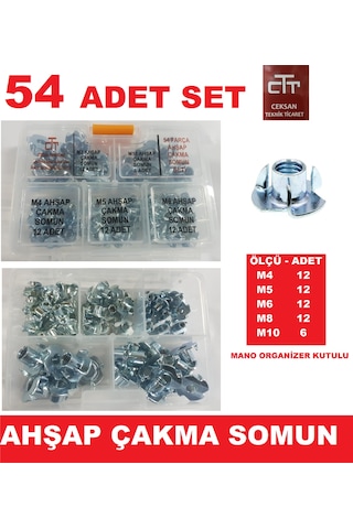 Ahşap Çakma Somun 54 Adet Set -Ağaç Somunu M4-M5-M6-M8-M10 Set