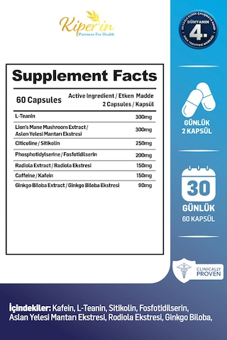 Kiperin Mind Focus Aslan Yelesi Mantarı, Sitikolin, Rhodiola, L-theanin .. 1440mg Akıllı Gıda Takviyesi