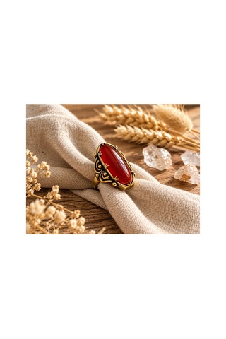 Esoo Jewelry Vintage Tasarım Bordo Doğal Taşlı Ayarlanabilir Kadın Yüzük - Antik Gold Görünümlü