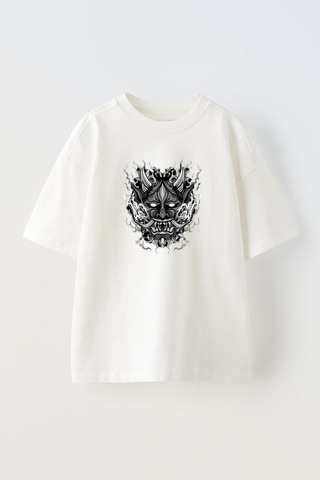 Thewert Unisex Demon Face Şeytan Tasarım Baskılı Pamuk Beyaz Oversize T-shirt