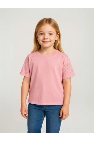 Kız Çocuk Taş İşlemeli Pamuklu T-shirt-15981 Pembe