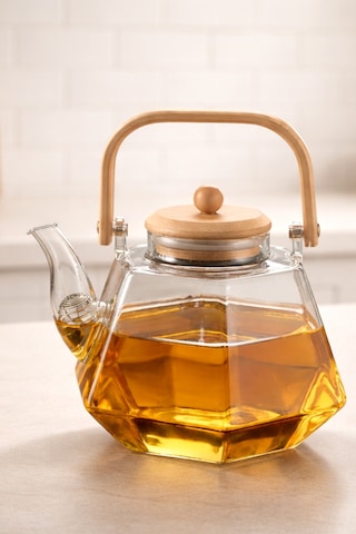 Bambu Kapaklı Isıya Dayanıklı Borosilikat Cam Demlik - 1200 Ml Prizma Cam Çaydanlık Şeffaf
