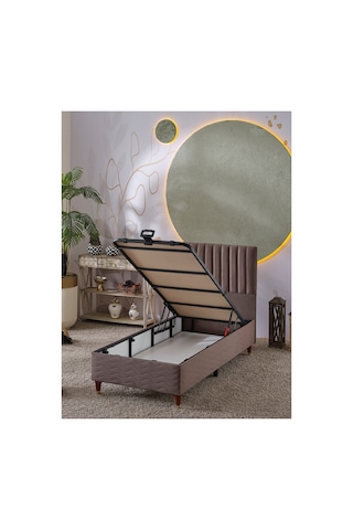Beehanem Ezgi Kahverengi 90x190 Tek Kişilik Depolama Alanlı Yatak + Baza + Başlık Seti Premium 3'lü 90 x 190