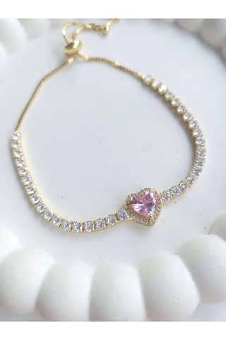 Çelik Gold Asansörlü Pembe Kalpli Bileklik Sevgiliye Hediye Altın