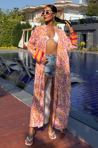 Kadın Multi Desenli Kruvaze Keten Kimono Çok Renkli