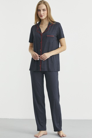 Düğmeli Puantiye Desenli Gömlek Pijama Takım - Lacivert Lacivert