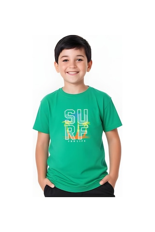 Surf Baskılı Erkek Çocuk Kısa Kollu Tişört Yeşil
