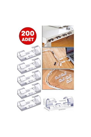 200lü Şeffaf Kablo Sabitleyici Düzenleyici Duvar Klipsi Yapışkanlı Kablo Organizer Tutucu Toplayıcı