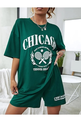 Hırsch Kadın Yeşil Oversize Yazlık Chicago Tennis Season Baskılı Şort T-shirt Takım Yeşil