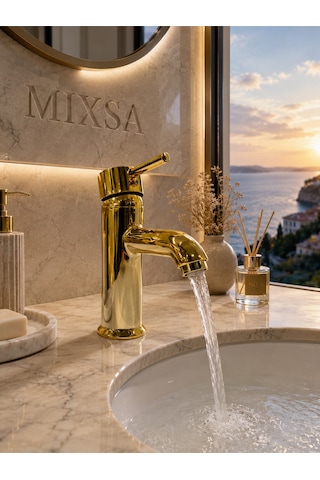 Lüx Gold Premium Sabit Lavabo Bataryası Pirinç Ağır Gövde Çift Su Girişli Lüx Lavabo Bataryası Çeşmesi Musluğu Altın