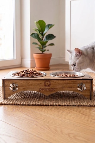 Petmagic 2'li Mama Kabı, Ahşap Çelik Kaseli Kedi Mama Kabı, Ahşap Standlı, Metal Kaseli