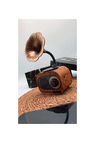 Bukrem Store Retro Ahşap Görünümlü Gramofon Bluetooth Hoparlör Vintage Tasarım, Kablosuz Müzik Keyfi, Şarjlı Mini Gramofon