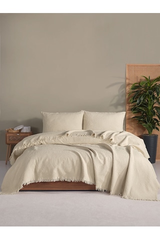 Jakar Daire Çift Kişilik Yatak Örtüsü Krem Kutulu Krem