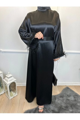 SİYAH KOL UCU TÜYLÜ ELBİSE Siyah