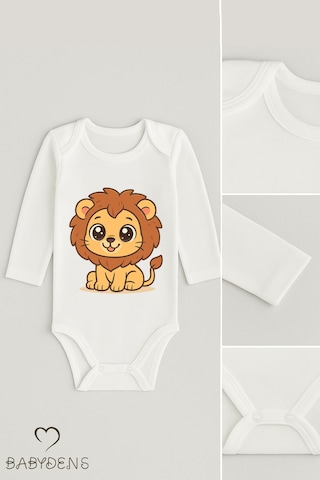 Babyden's Sevimli Hayvan Figürlü %100 Pamuk Uzun Kollu Çıtçıtlı Bebek Body Aslan Beyaz