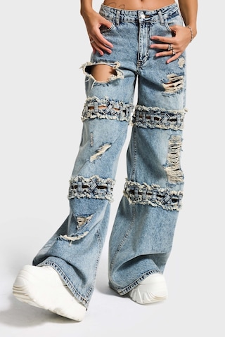 Itsbasic Kadın Kot Rengi Palazzo Fit Yırtık Detaylı Tasarım Denim Jean Mavi