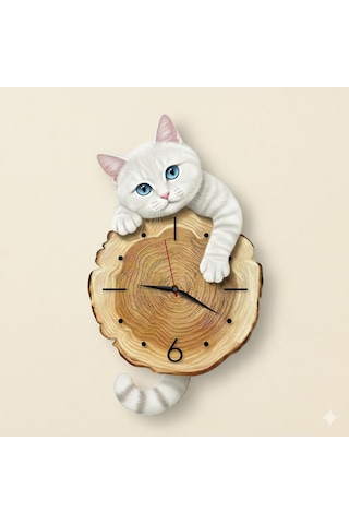 Cajuart Kütük Üzerinden Bakan Beyaz Kedi Tasarımlı Duvar Saati Modern Dekoratif Saat Beyaz