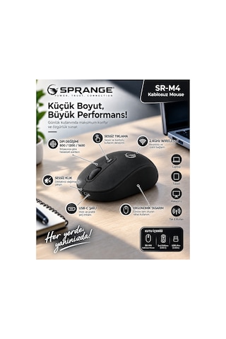 Sprange Sessiz Tık Şarj Edilebilir Kablosuz Mouse - Bluetooth 5.4 & 2.4ghz Çift Modlu Mouse Sr-m4 Siyah