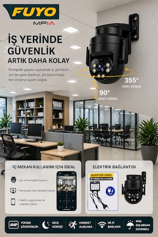 Mpia Fuyo Wifi 4mp Fullhd Ptz Akıllı Güvenlik Kamerası Hieasy Gece Görüş Sesli Kişi Takibi + 12v Adaptör