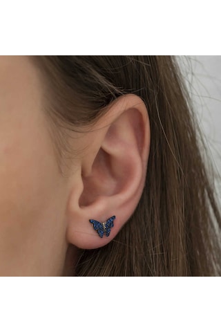 Kenpazar Gümüş Lacivert Kelebek Küpe Gümüş