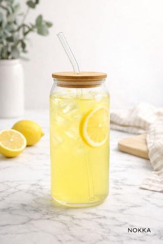 Bambu Kapaklı Pipetli Borosilikat Bardak, Kahve Bardağı, Isı Dayanıklı Bardak, 600 Ml Renksiz