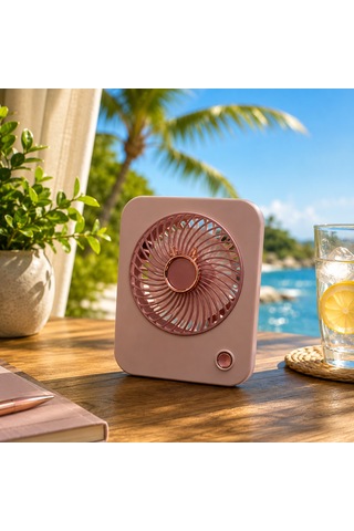 Vıp Yüksek Kalite Pembe Masa Üstü Fan 3 Hız Kademeli Şarjlı Fan 15x12 Cm Kare El Fanı Plajda Çadırda