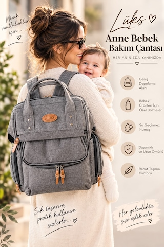 Bcburkay Çanta Anne Bebek Bakım Çantası Siyah Gri